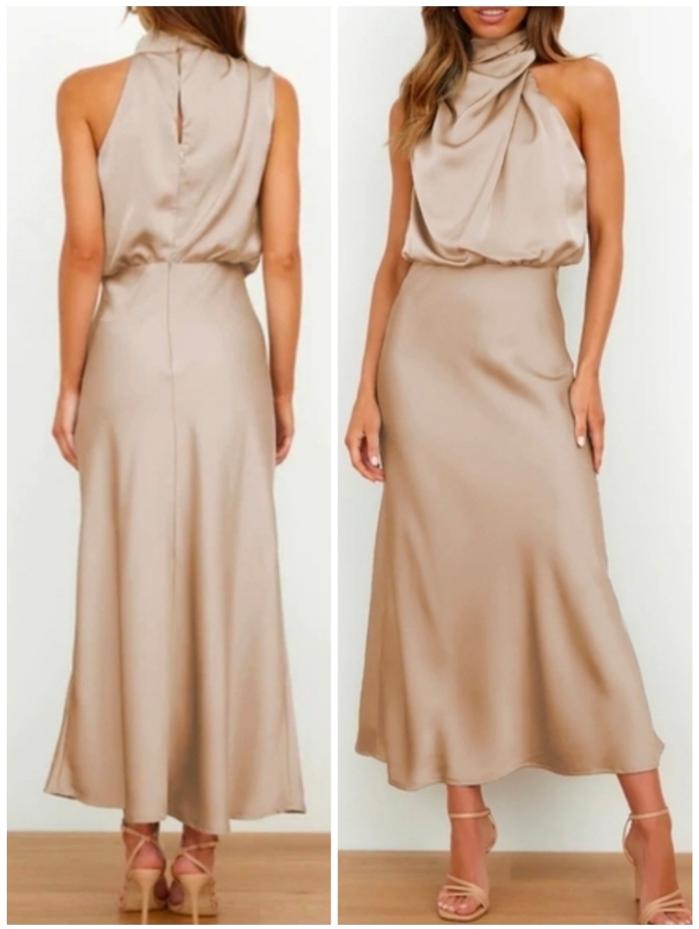 NEW Chic Draped Wrap Halter Neck Satin Midi Dress Beige Cream Tan